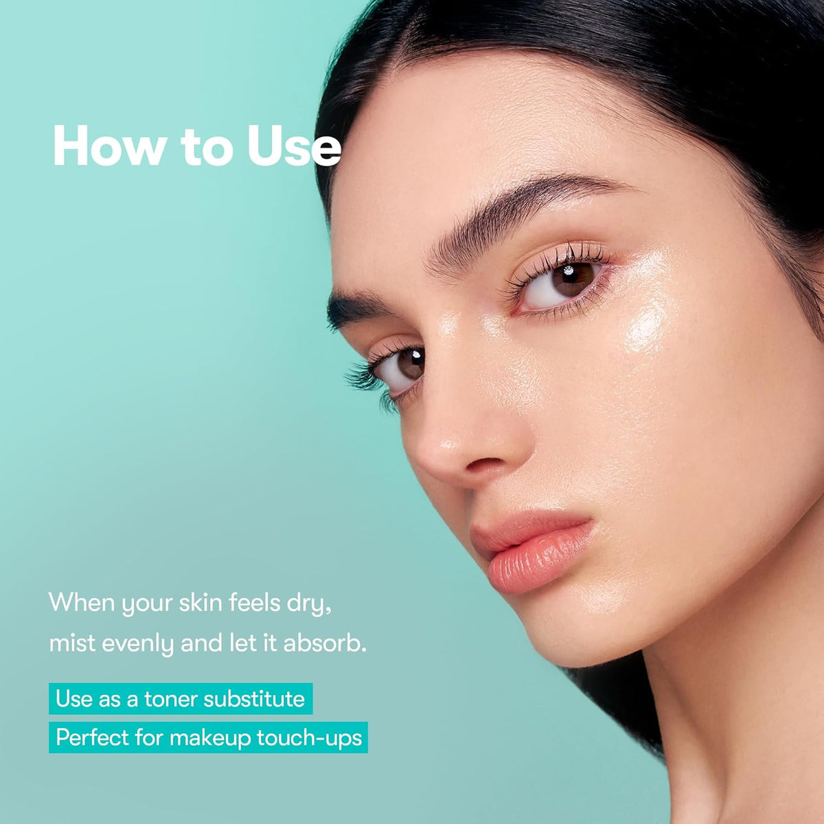 VT PDRN Glow Ampoule Mist application artwork with a model and directions to mist and absorb