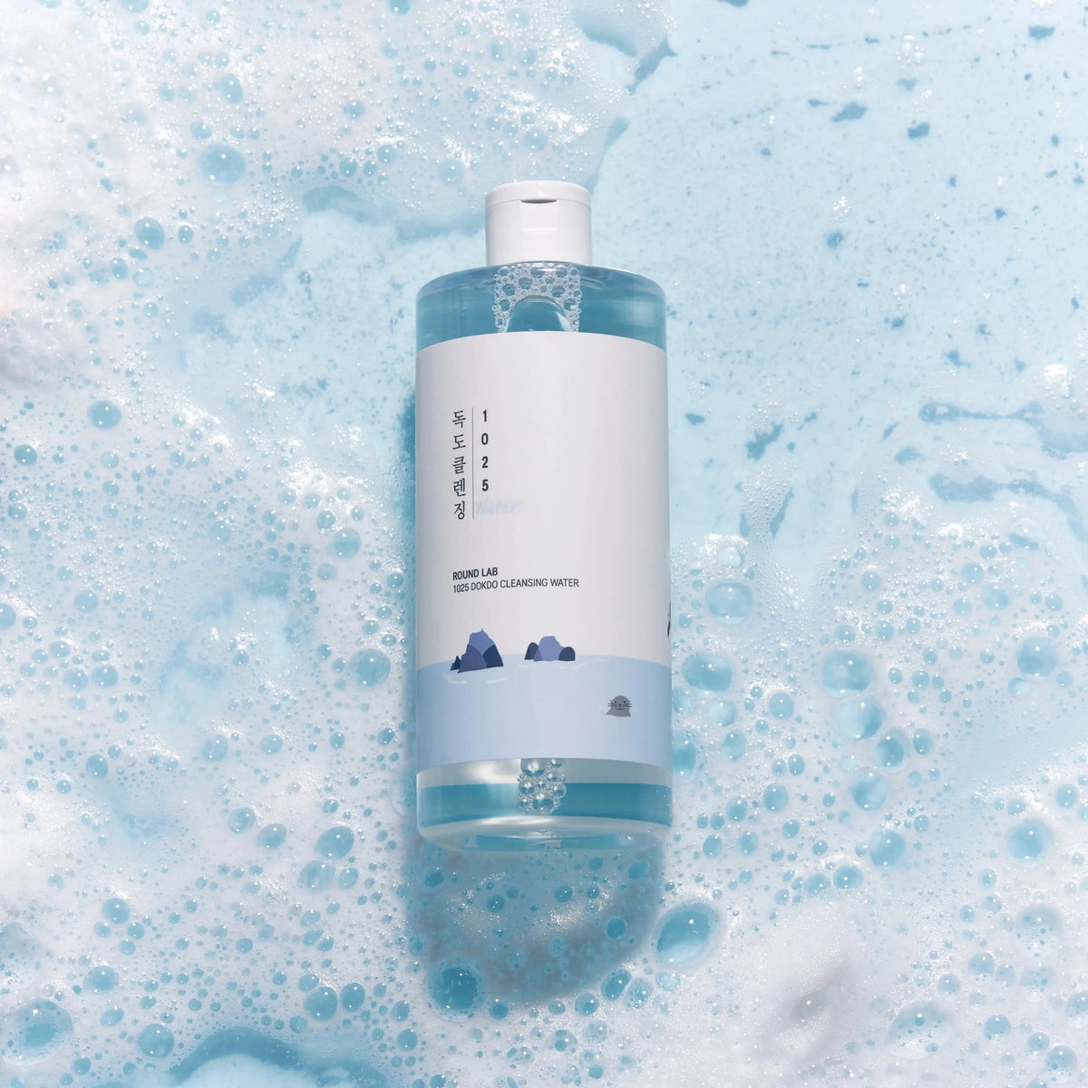 ROUND LAB 1025 Dokdo Cleansing Water 400 ml bottle surrounded by water and foam — manufacturer photograph