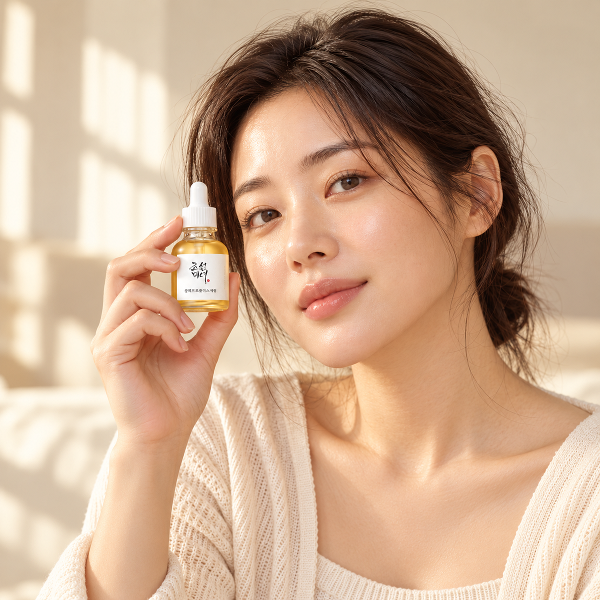 Model holding Beauty of Joseon Glow Serum 30ml beside her face — AI-generated editorial campaign