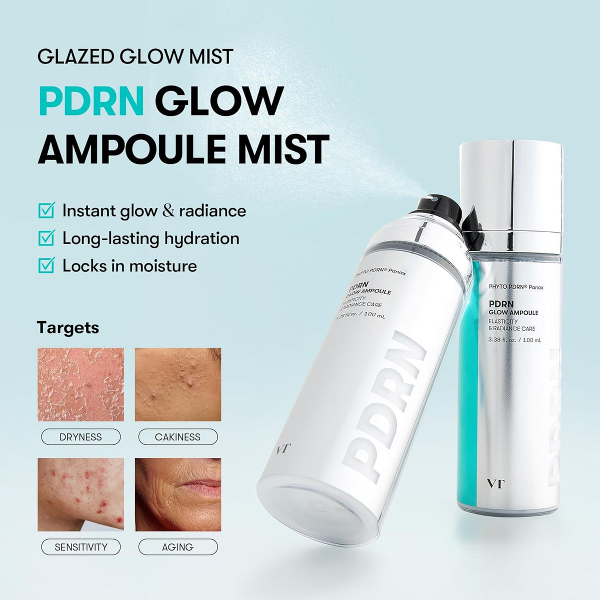 VT PDRN Glow Ampoule Mist bottles with hydration and skin-concern product information
