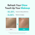 VT PDRN Glow Ampoule Mist makeup-adherence comparison artwork with before-and-after photographs