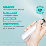 Hand spraying VT PDRN Glow Ampoule Mist beside texture and finish product information