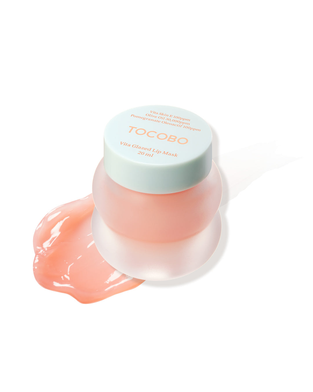 TOCOBO Vita Glazed Lip Mask 20 ml peach jar with mint lid and balm texture on white — manufacturer photo